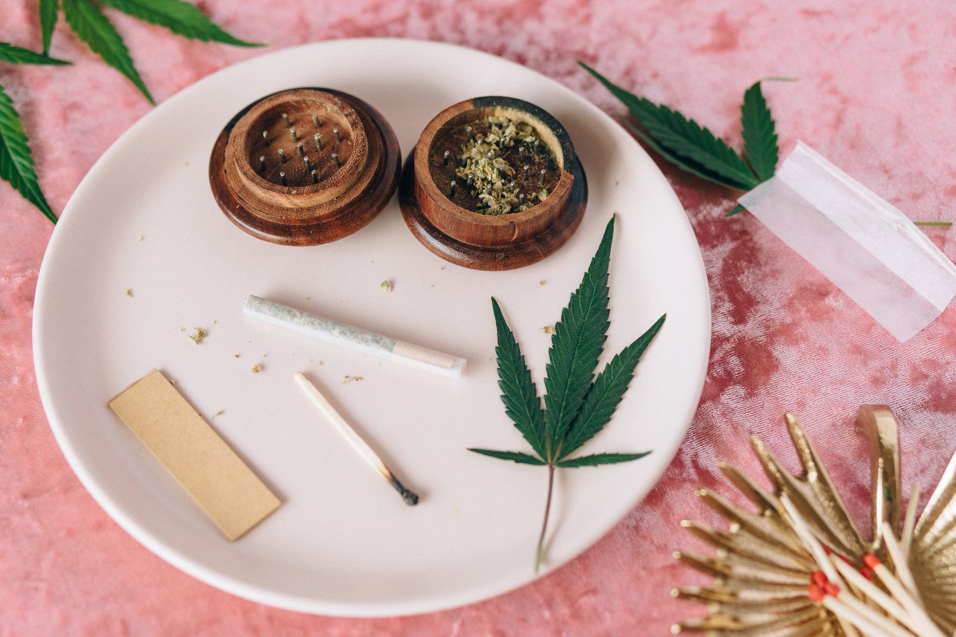 Top view of cannabis leaf and rolling tools on a plate, ideal for medical or recreational use themes.